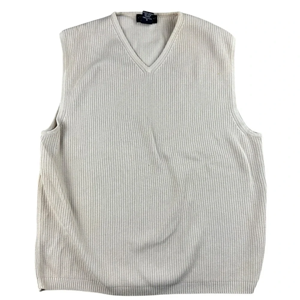Eddie Bauer Sweater Vest Men M Cream Beige‎ 100% Mercerized Cotton Ribbed V-Neck